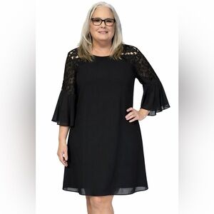 Elegant Carmen Black Dress with Lace Bell Sleeve Detail